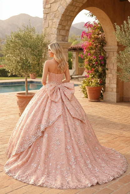 Charming Glitter Ball Gown Sleeveless Quinceañera Dress With Embroidery and Bow | Promspark