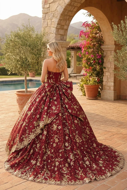 Charming Glitter Ball Gown Sleeveless Quinceañera Dress With Embroidery and Bow | Promspark