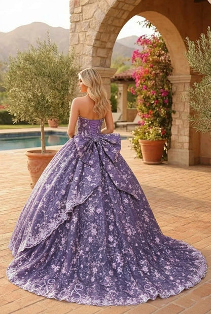 Charming Glitter Ball Gown Sleeveless Quinceañera Dress With Embroidery and Bow | Promspark