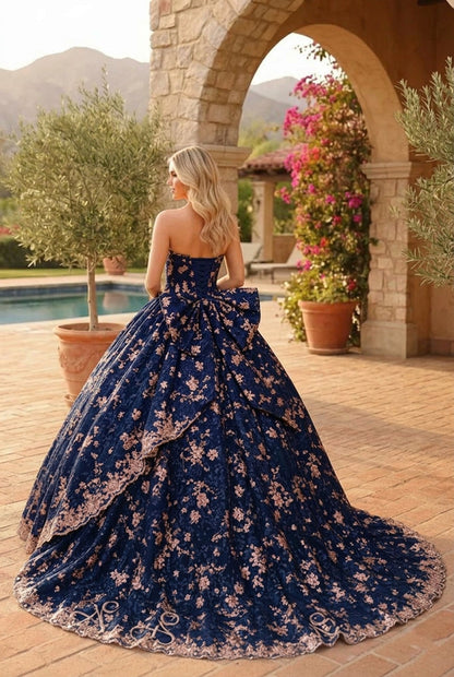 Charming Glitter Ball Gown Sleeveless Quinceañera Dress With Embroidery and Bow | Promspark