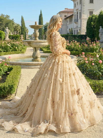 Charming Ball Gown Illusion Long Sleeves Quinceañera Dress With 3D Butterfly | Promspark