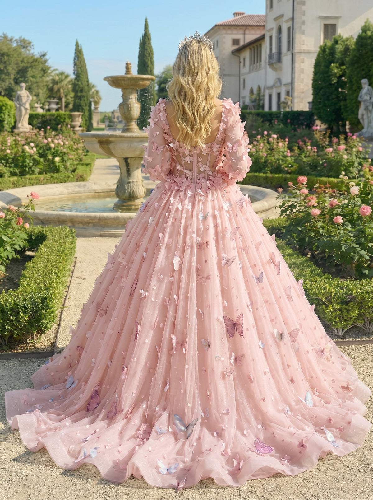 Charming Ball Gown Illusion Long Sleeves Quinceañera Dress With 3D Butterfly | Promspark