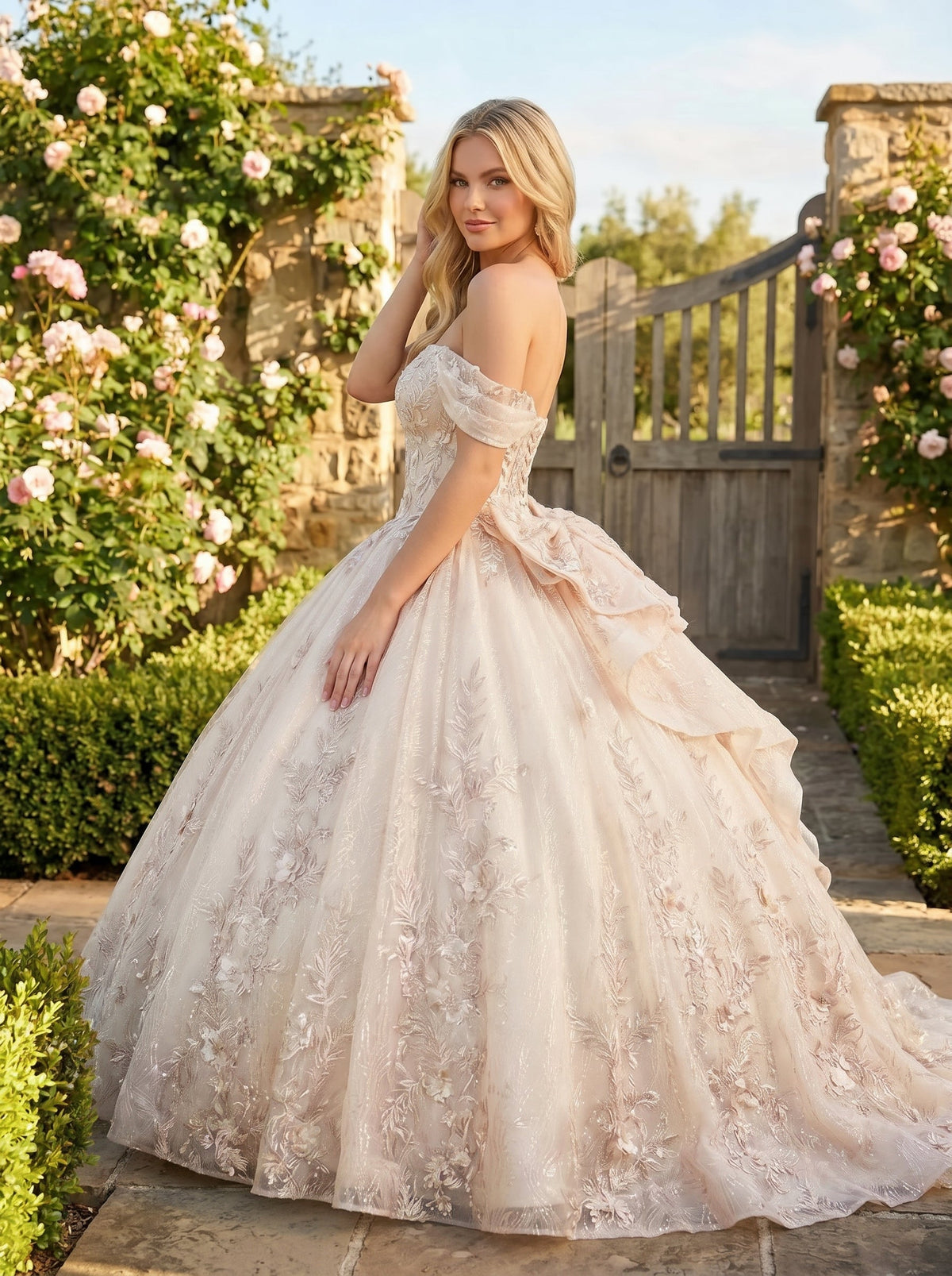 Charming Ball Gown cold shoulder Quinceañera Dress With Embroidery and Bow | Promspark