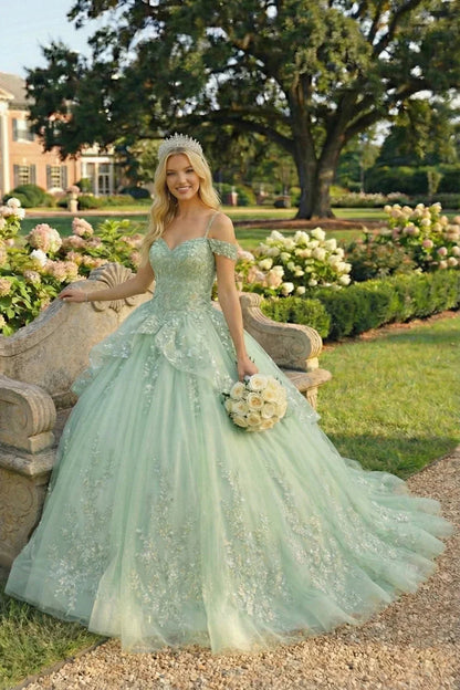 Elegant Ball Gown Cold Shoulder Quinceañera Dress With Floral Embroidery | Promspark