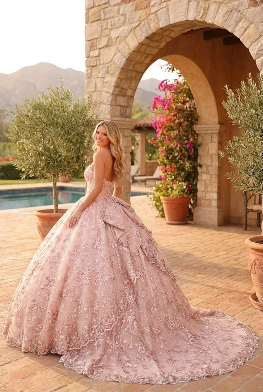 Charming Glitter Ball Gown Sleeveless Quinceañera Dress With Embroidery and Bow | Promspark