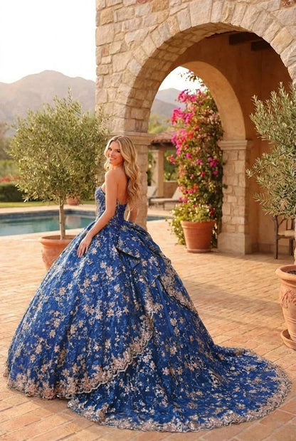 Charming Glitter Ball Gown Sleeveless Quinceañera Dress With Embroidery and Bow | Promspark