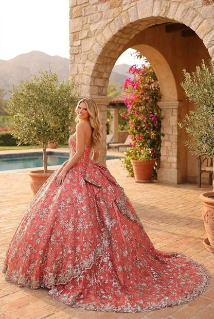 Charming Glitter Ball Gown Sleeveless Quinceañera Dress With Embroidery and Bow | Promspark