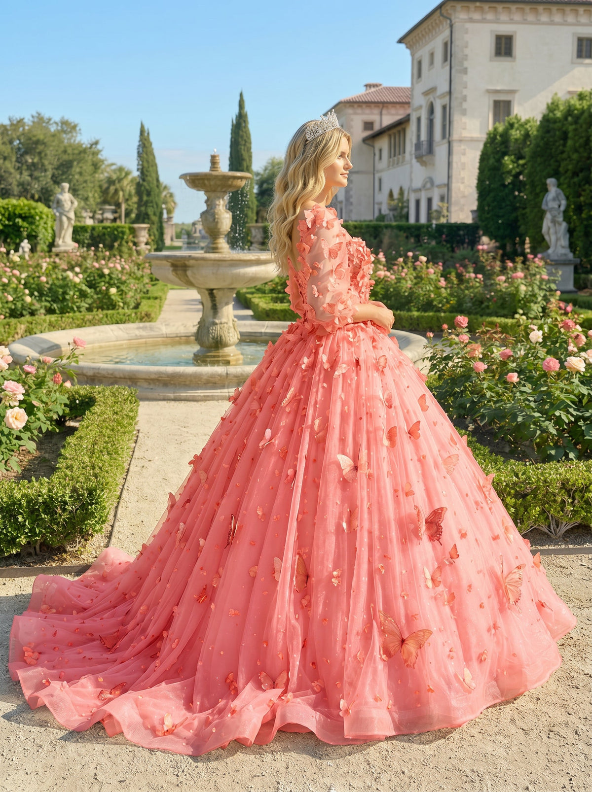 Charming Ball Gown Illusion Long Sleeves Quinceañera Dress With 3D Butterfly | Promspark
