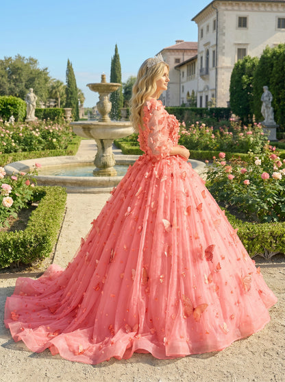 Charming Ball Gown Illusion Long Sleeves Quinceañera Dress With 3D Butterfly | Promspark