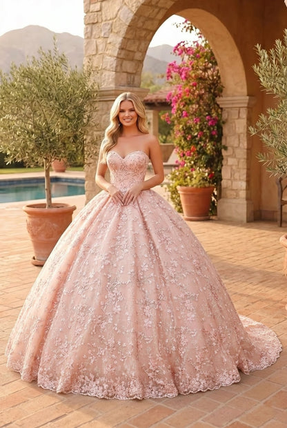 Charming Glitter Ball Gown Sleeveless Quinceañera Dress With Embroidery and Bow | Promspark