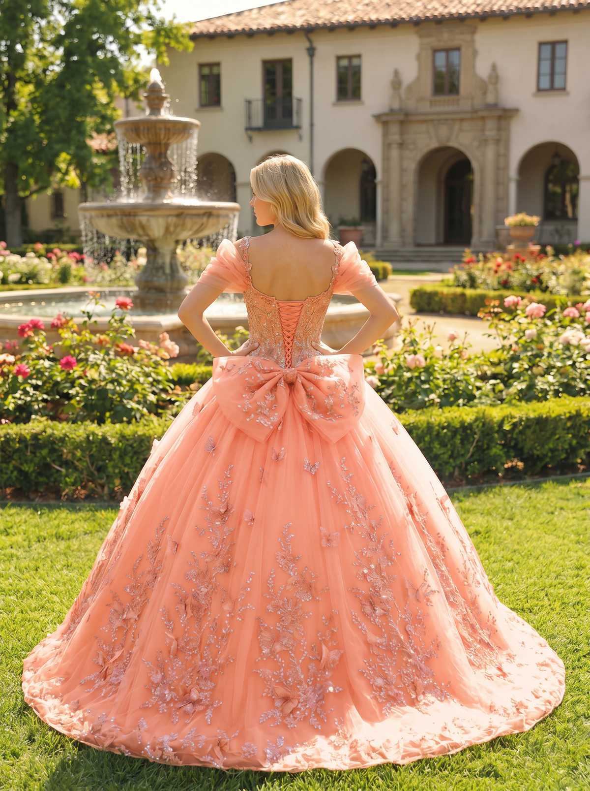 Elegant Ball Gown Cold Shoulder Quinceañera Dress With Floral Embroidery and 3D Butterfly | Promspark