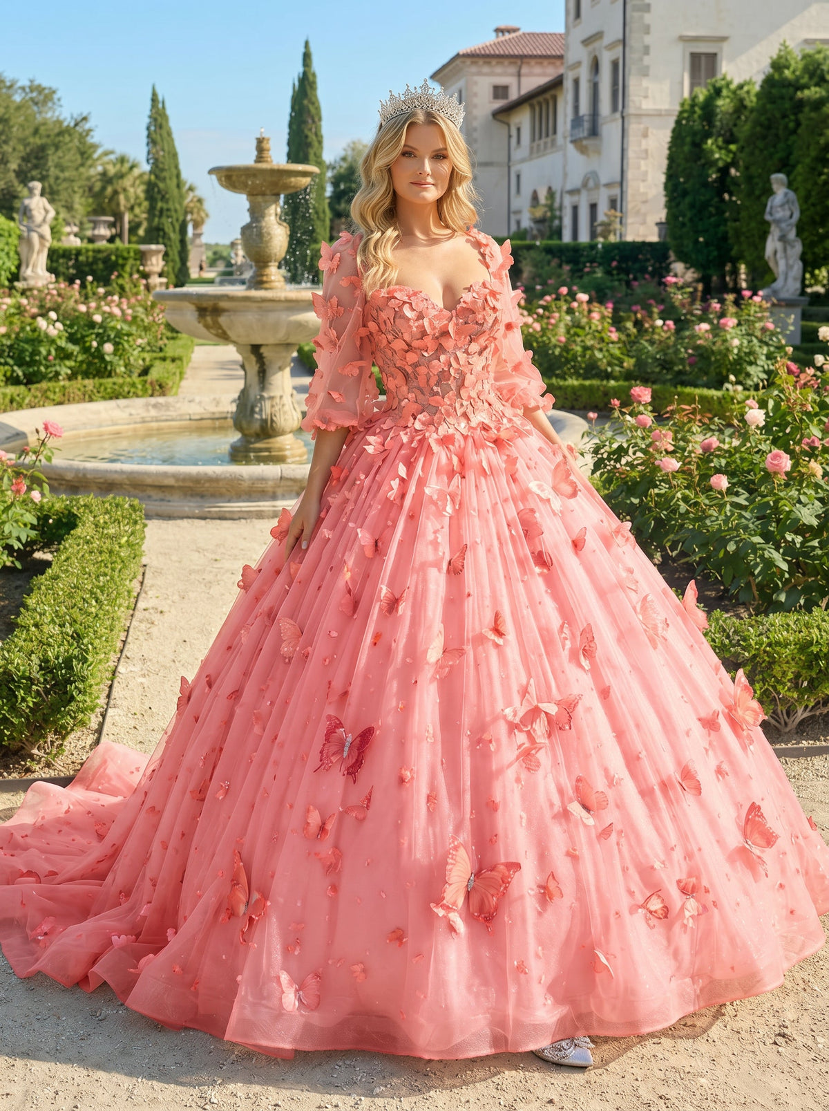 Charming Ball Gown Illusion Long Sleeves Quinceañera Dress With 3D Butterfly | Promspark