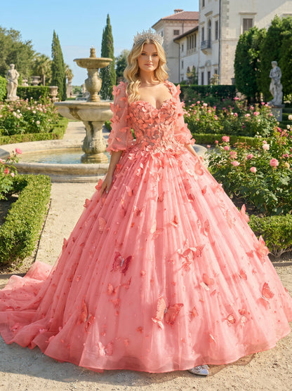 Charming Ball Gown Illusion Long Sleeves Quinceañera Dress With 3D Butterfly | Promspark