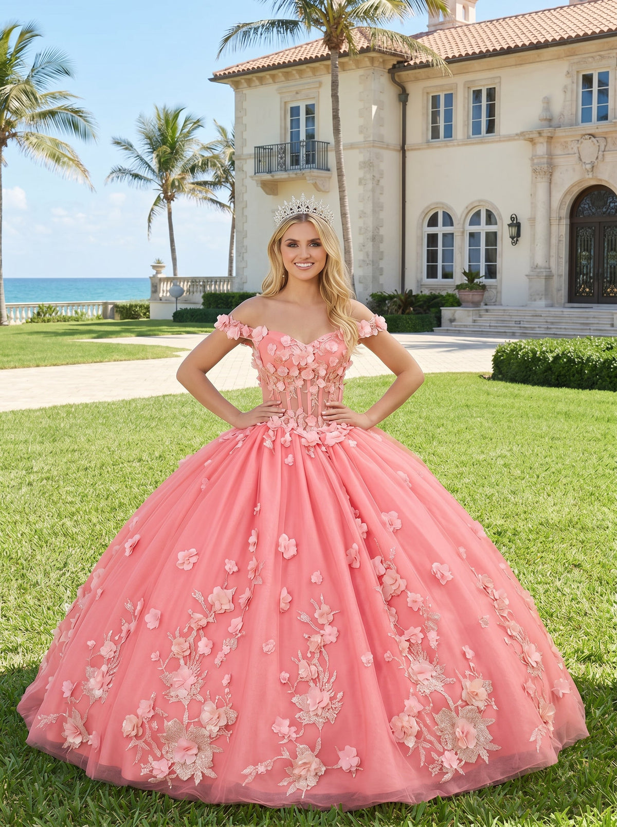 Charming Ball Gown Illusion Neck Quinceañera Dress With 3D Floral & Lace | Promspark