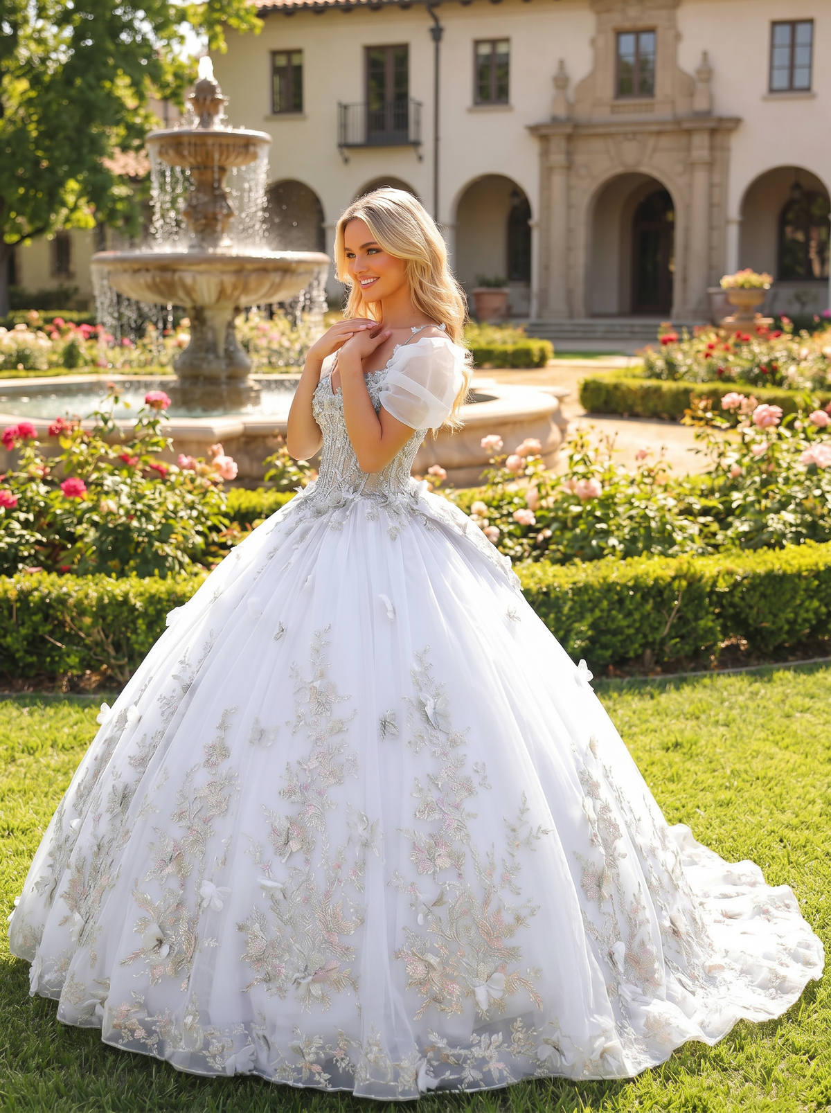 Elegant Ball Gown Cold Shoulder Quinceañera Dress With Floral Embroidery and 3D Butterfly | Promspark