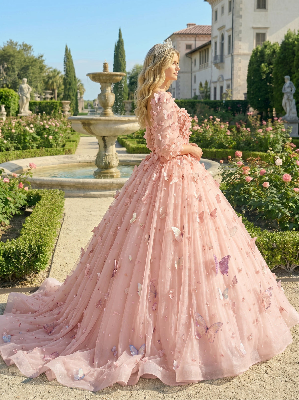 Charming Ball Gown Illusion Long Sleeves Quinceañera Dress With 3D Butterfly | Promspark