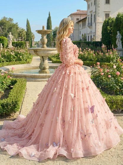 Charming Ball Gown Illusion Long Sleeves Quinceañera Dress With 3D Butterfly | Promspark
