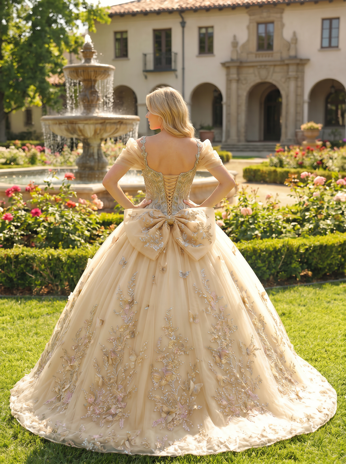 Elegant Ball Gown Cold Shoulder Quinceañera Dress With Floral Embroidery and 3D Butterfly | Promspark