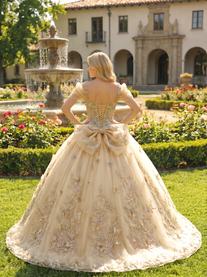 Elegant Ball Gown Cold Shoulder Quinceañera Dress With Floral Embroidery and 3D Butterfly | Promspark