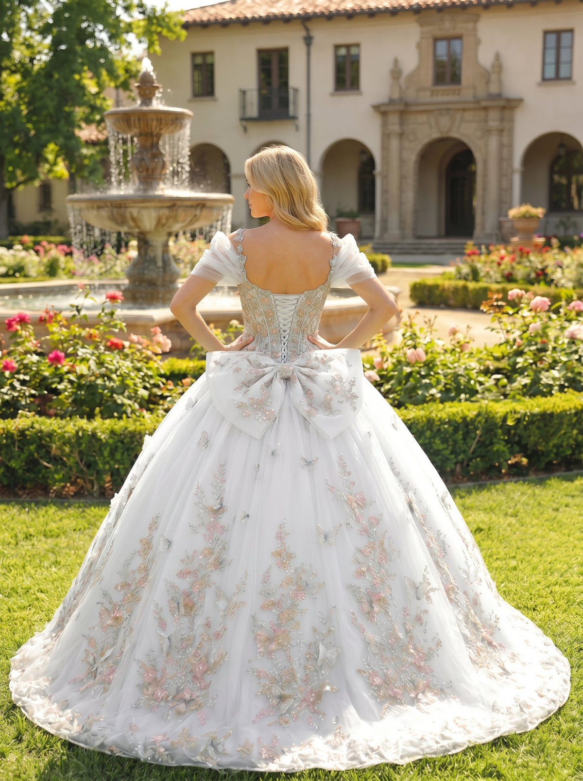 Elegant Ball Gown Cold Shoulder Quinceañera Dress With Floral Embroidery and 3D Butterfly | Promspark