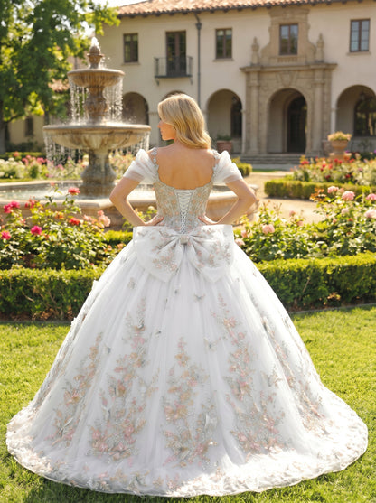 Elegant Ball Gown Cold Shoulder Quinceañera Dress With Floral Embroidery and 3D Butterfly | Promspark