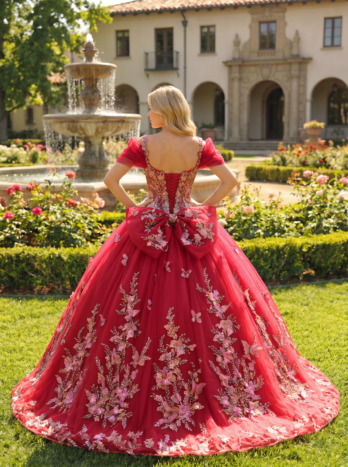 Elegant Ball Gown Cold Shoulder Quinceañera Dress With Floral Embroidery and 3D Butterfly | Promspark