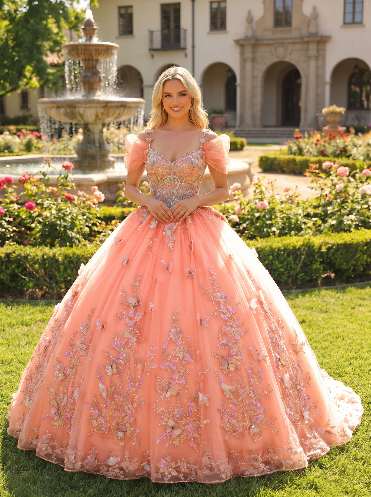 Elegant Ball Gown Cold Shoulder Quinceañera Dress With Floral Embroidery and 3D Butterfly | Promspark