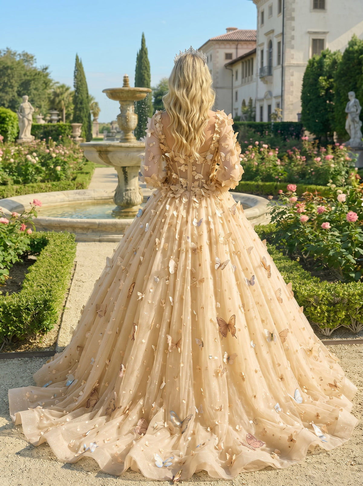 Charming Ball Gown Illusion Long Sleeves Quinceañera Dress With 3D Butterfly | Promspark