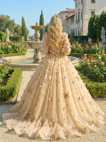 Charming Ball Gown Illusion Long Sleeves Quinceañera Dress With 3D Butterfly | Promspark