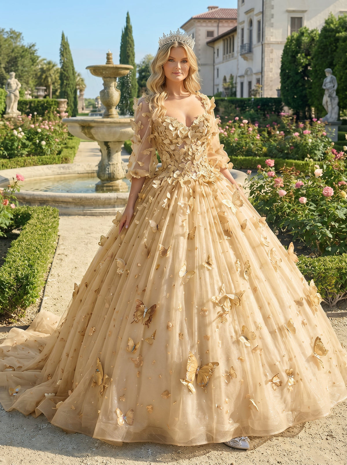 Charming Ball Gown Illusion Long Sleeves Quinceañera Dress With 3D Butterfly | Promspark