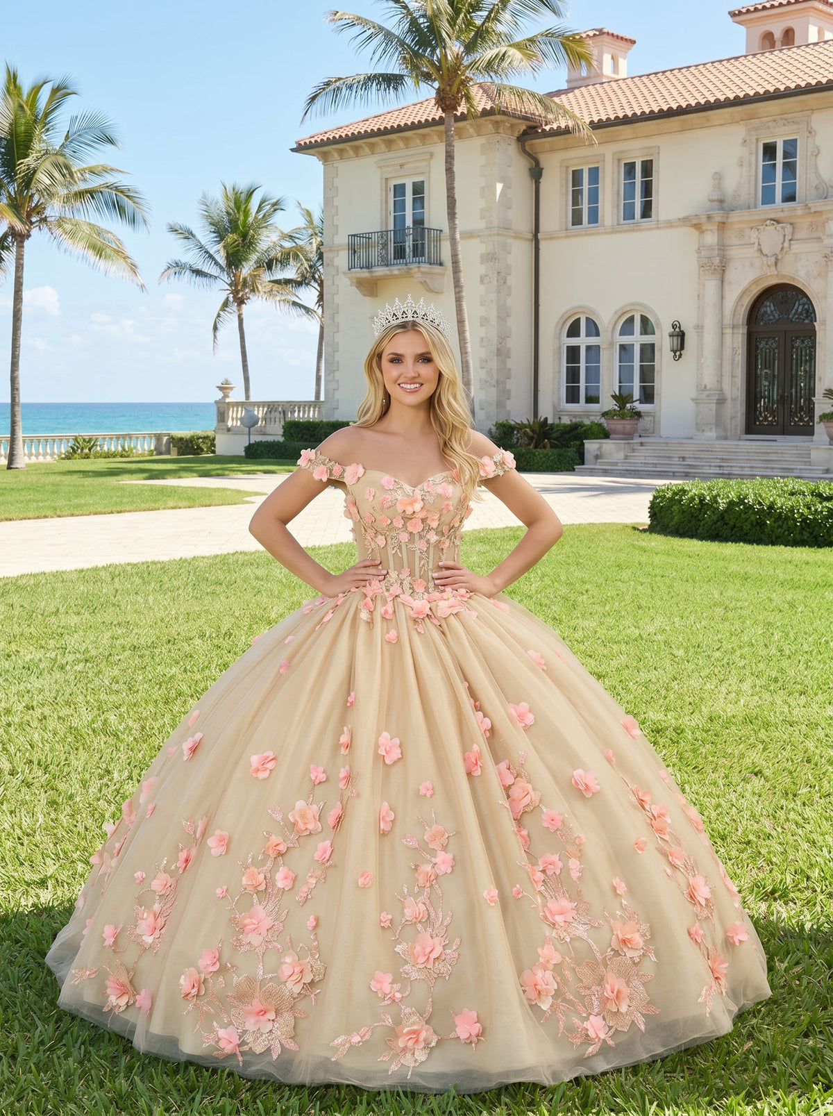 Charming Ball Gown Illusion Neck Quinceañera Dress With 3D Floral & Lace | Promspark