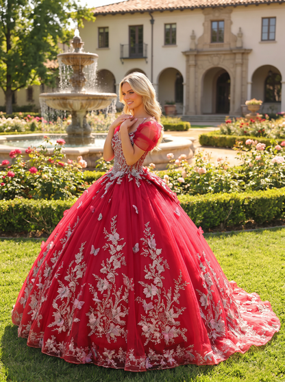 Elegant Ball Gown Cold Shoulder Quinceañera Dress With Floral Embroidery and 3D Butterfly | Promspark