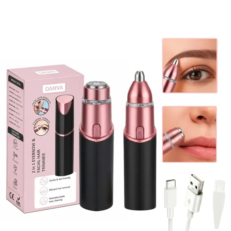 2-in-1 Facial & Eyebrow Hair Trimmer for Women | Rechargeable Face Razor for Peach Fuzz, Lip Hair & Brow Shaping