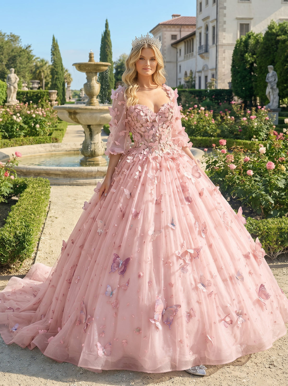 Charming Ball Gown Illusion Long Sleeves Quinceañera Dress With 3D Butterfly | Promspark