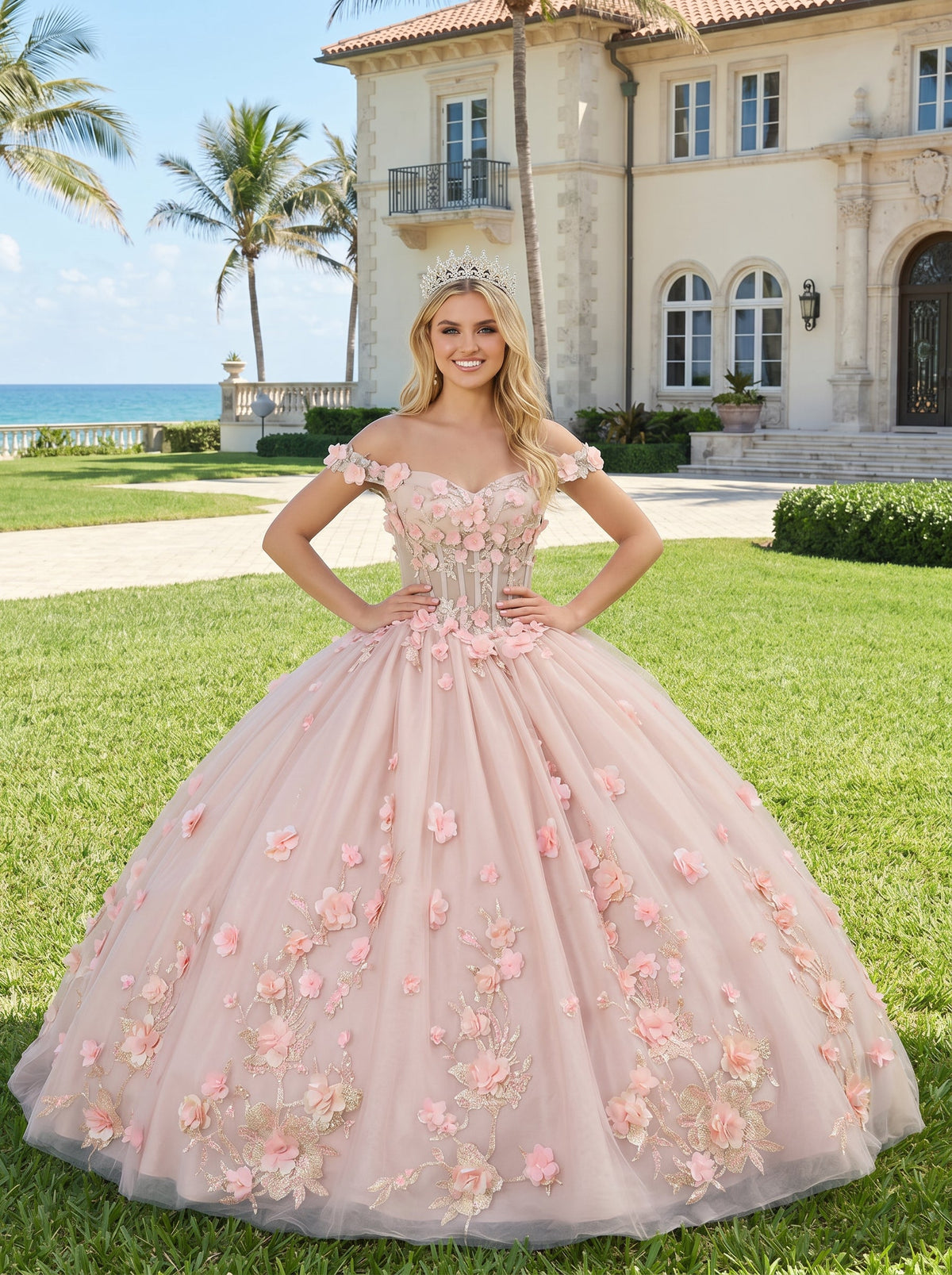 Charming Ball Gown Illusion Neck Quinceañera Dress With 3D Floral & Lace | Promspark