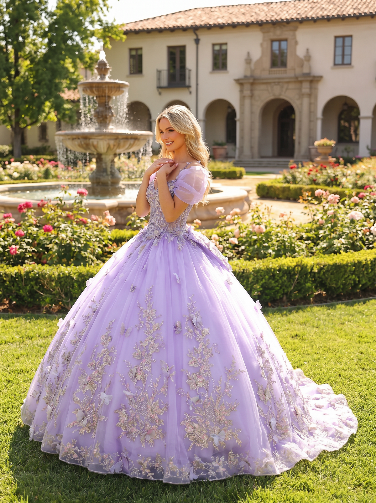Elegant Ball Gown Cold Shoulder Quinceañera Dress With Floral Embroidery and 3D Butterfly | Promspark