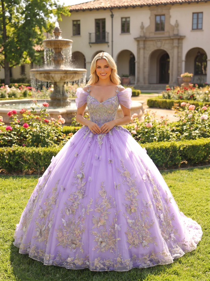 Elegant Ball Gown Cold Shoulder Quinceañera Dress With Floral Embroidery and 3D Butterfly | Promspark