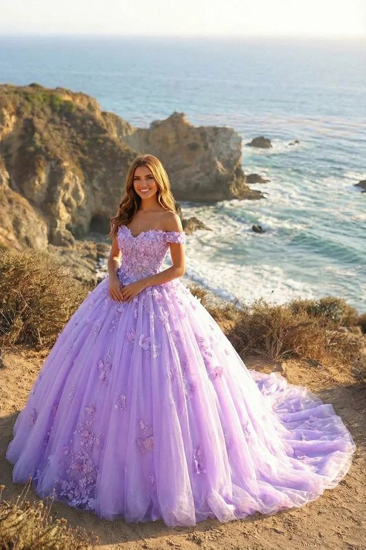 Charming Ball Gown Cold Shoulder Quinceañera Dress With 3D Floral & Lace | Promspark