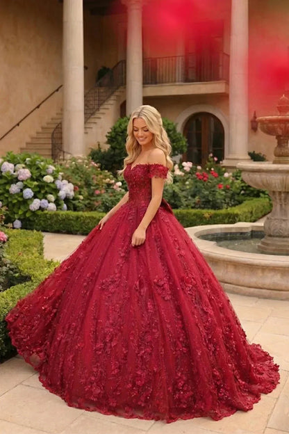 Charming Ball Gown Cold Shoulder Quinceañera Dress With Floral Lace and Bow | Promspark