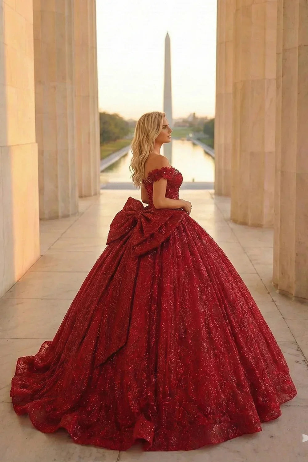 Charming Ball Gown Cold Shoulder Quinceañera Dress With Gold Accents and Bow | Promspark