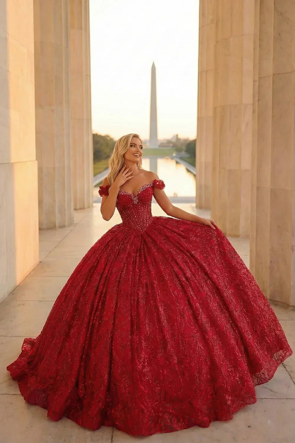 Charming Ball Gown Cold Shoulder Quinceañera Dress With Gold Accents and Bow | Promspark