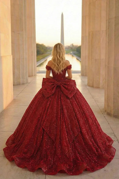 Charming Ball Gown Cold Shoulder Quinceañera Dress With Gold Accents and Bow | Promspark