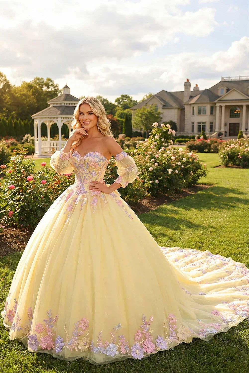 Charming Ball Gown Cold Shoulder With Sheer Long Sleeve Quinceañera Dress With Floral Lace | Promspark