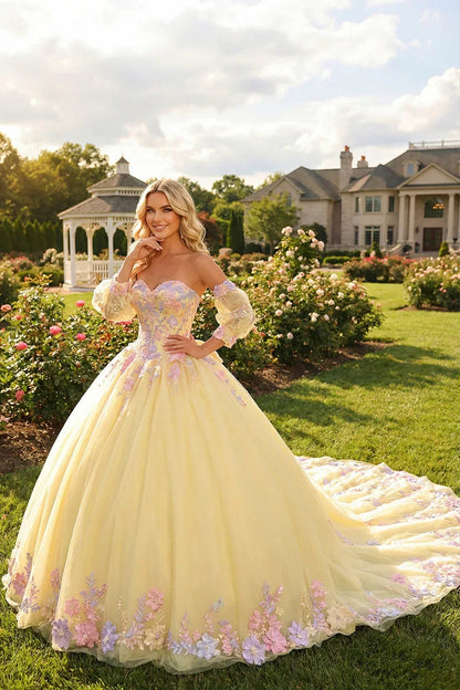 Charming Ball Gown Cold Shoulder With Sheer Long Sleeve Quinceañera Dress With Floral Lace | Promspark