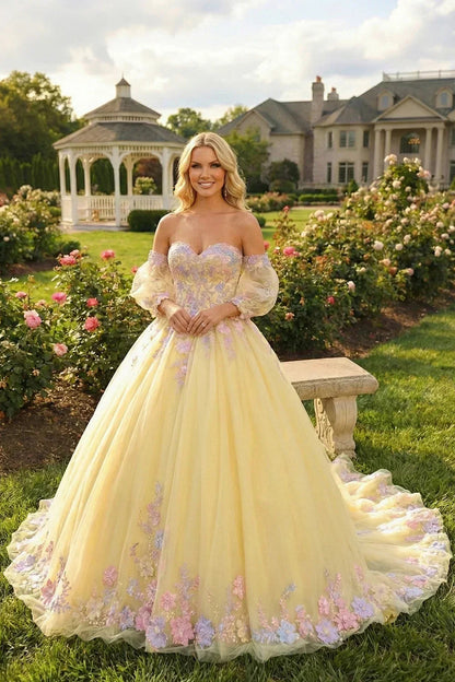 Charming Ball Gown Cold Shoulder With Sheer Long Sleeve Quinceañera Dress With Floral Lace | Promspark