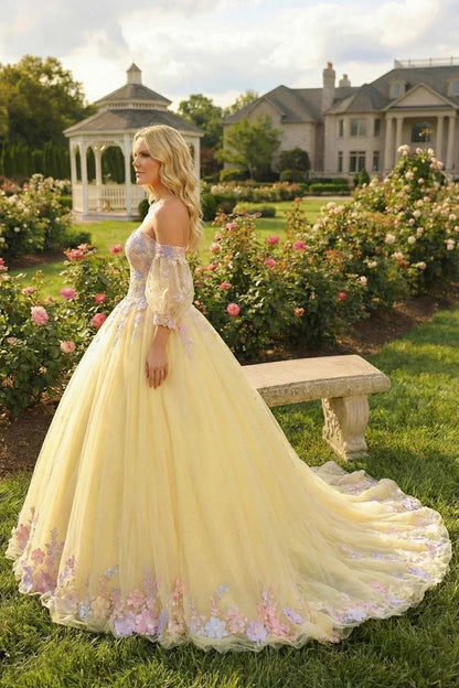 Charming Ball Gown Cold Shoulder With Sheer Long Sleeve Quinceañera Dress With Floral Lace | Promspark
