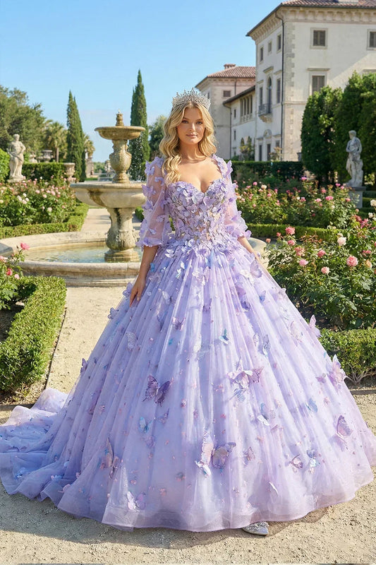 Charming Ball Gown Illusion Long Sleeves Quinceañera Dress With 3D Butterfly | Promspark