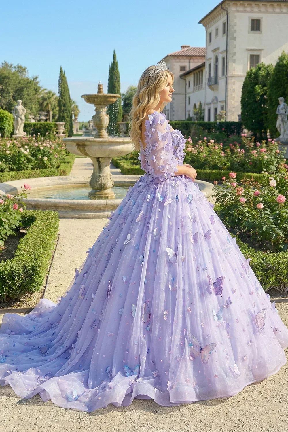 Charming Ball Gown Illusion Long Sleeves Quinceañera Dress With 3D Butterfly | Promspark