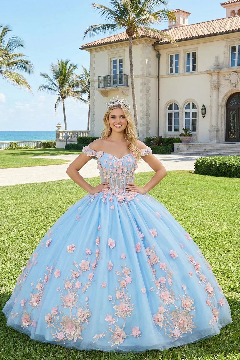 Charming Ball Gown Illusion Neck Quinceañera Dress With 3D Floral & Lace | Promspark
