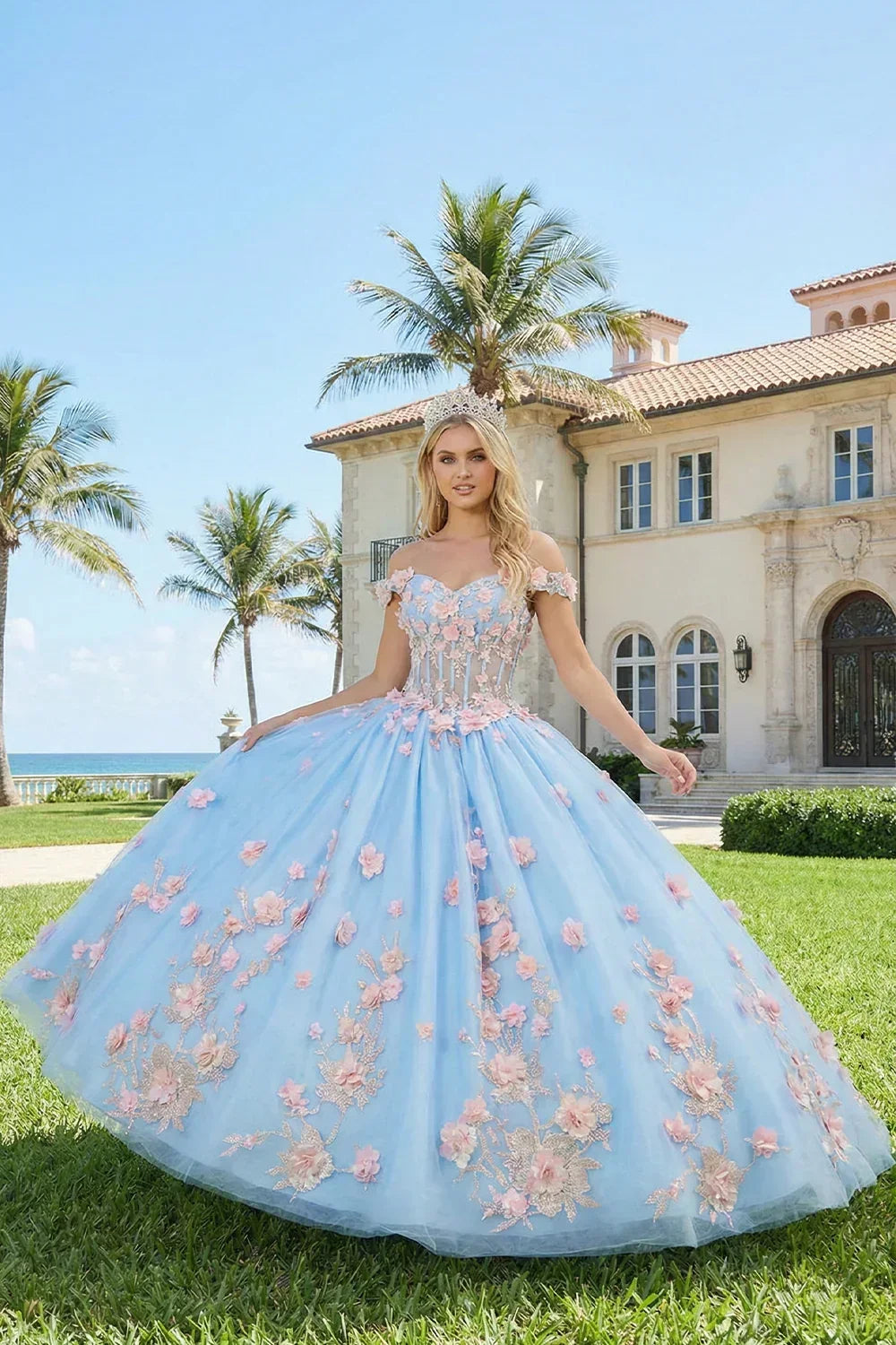 Charming Ball Gown Illusion Neck Quinceañera Dress With 3D Floral & Lace | Promspark